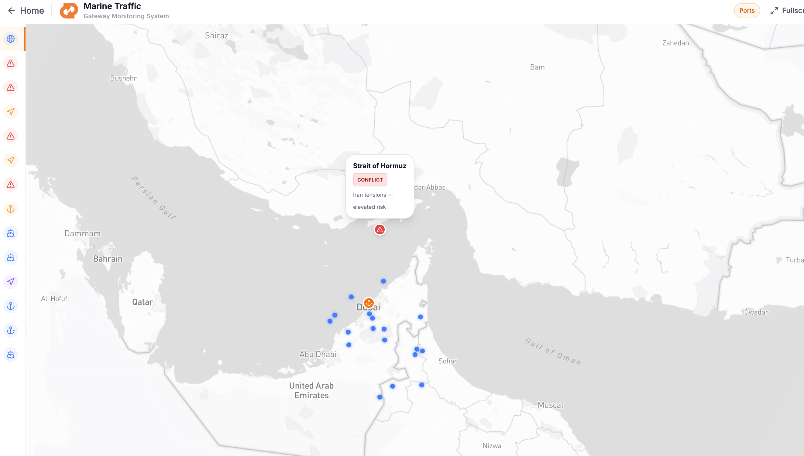 Gateway Live Marine Traffic Showcasing The Conflict Zone and Parked Vessels Image From Gateway Marine Traffic Showing The Conflict Area