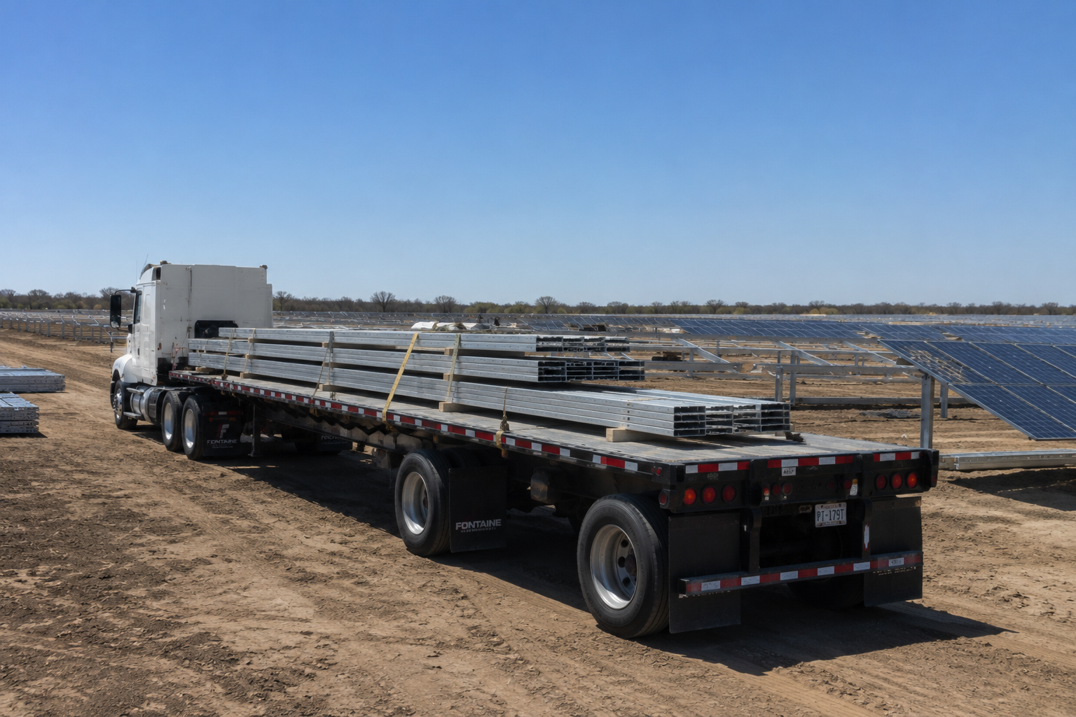 Flatbed truck being unloaded at a jobsite Truck unloading solar at job site