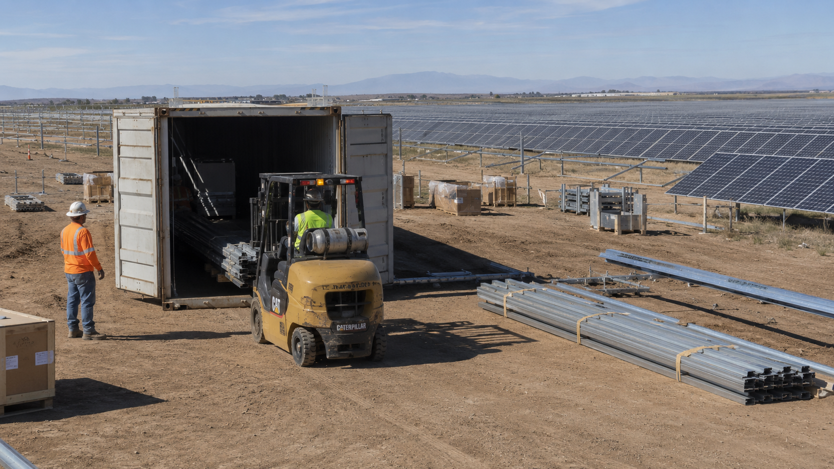 A container unloading at a solar field jobsite Container unloading at a jobsite