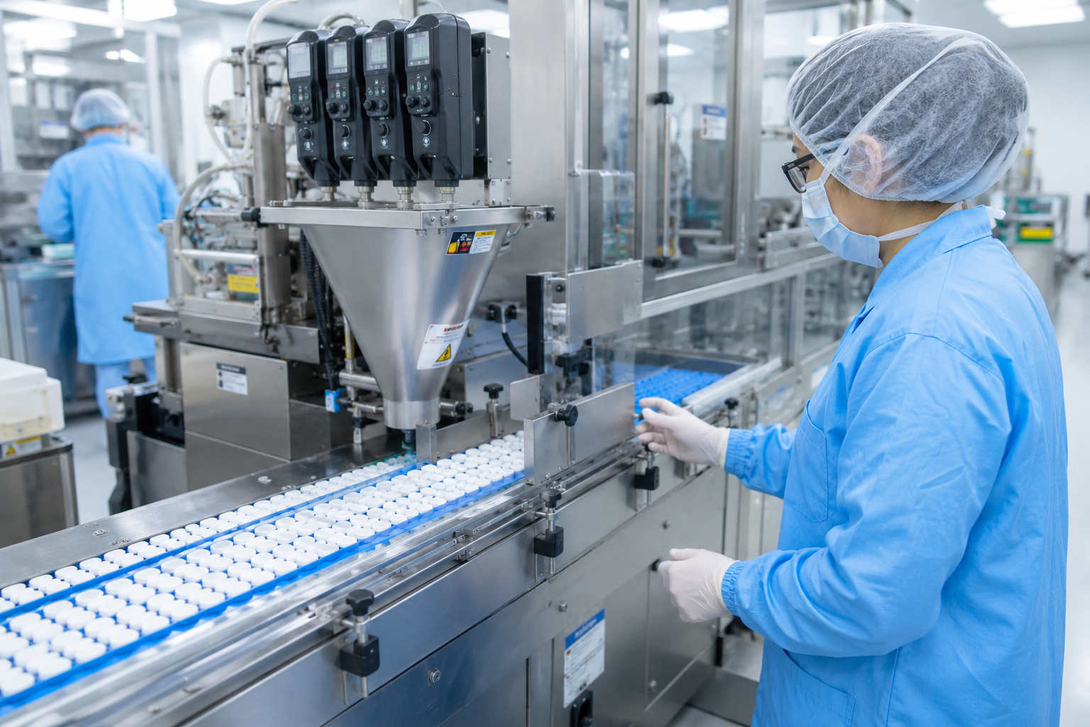 Pharmaceutical production inside a controlled manufacturing facility, illustrating the global industry affected by Section 232 pharmaceutical tariffs. Pharmaceutical manufacturing worker monitoring an automated medicine production line inside a modern cleanroom facility.