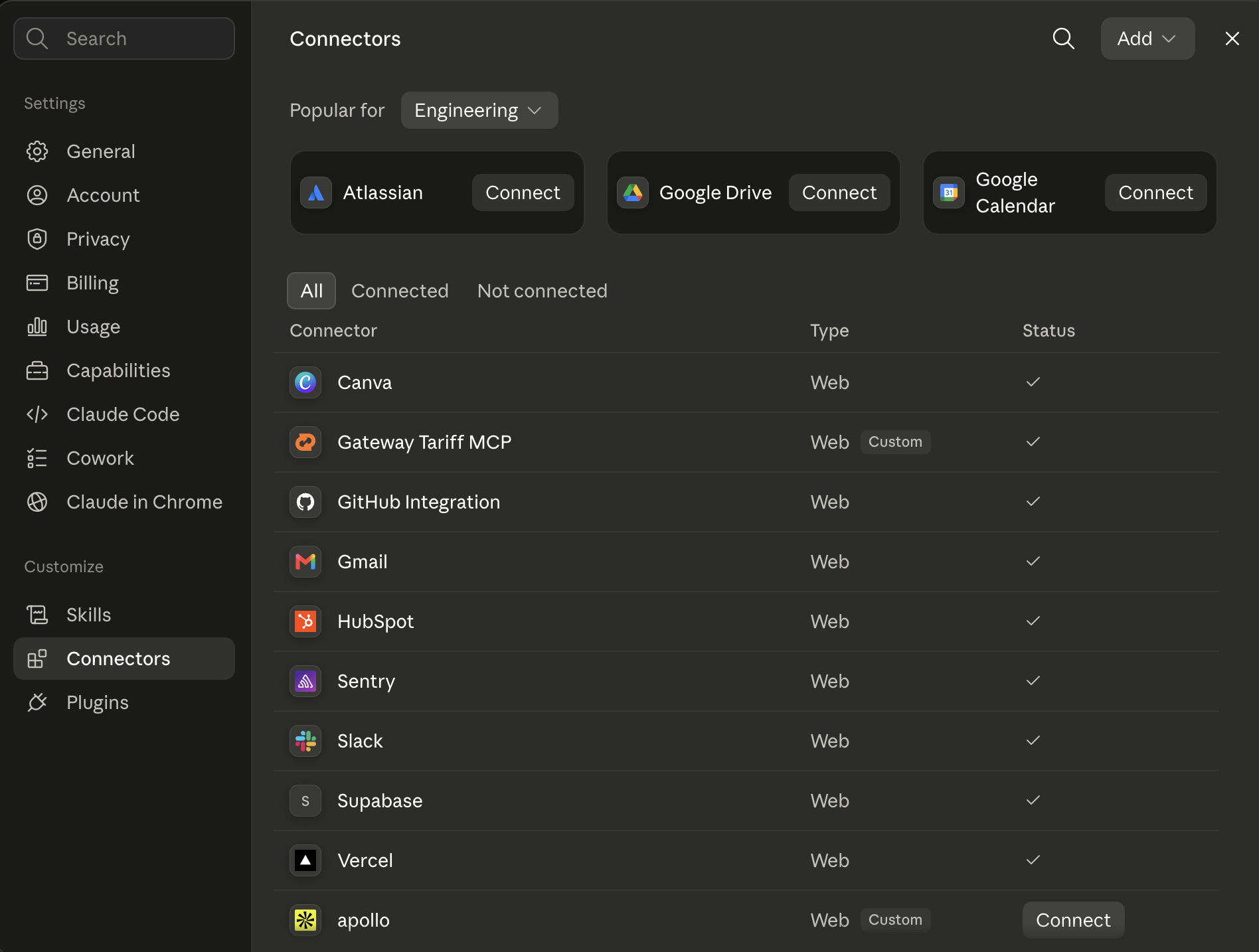 claude.ai connectors showing Gateway Tariff MCP